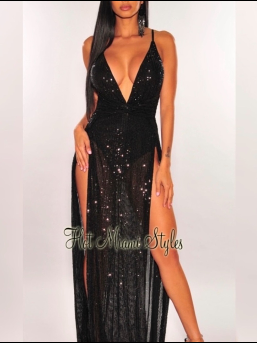 Sequins V Neck Double Slit Maxi Dress